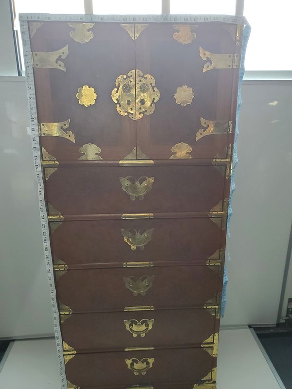 Vintage Tansu Korean Brass-Trimmed Burlwood Tall Dresser Cabinet