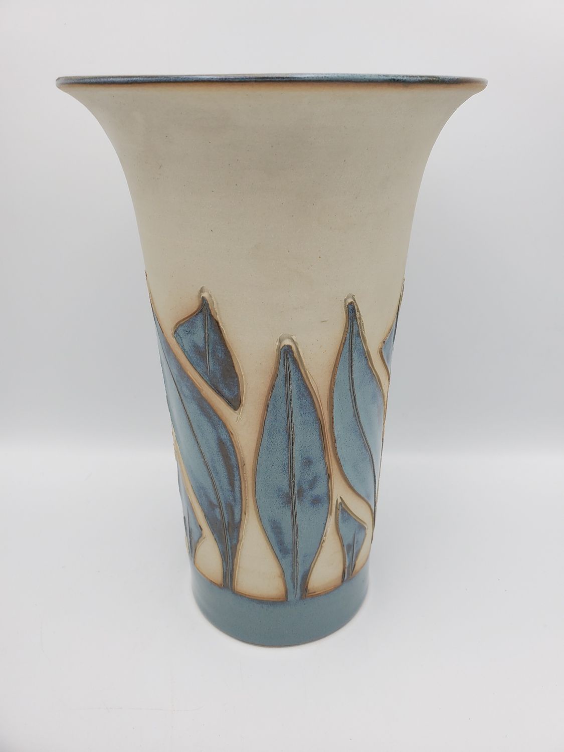 Blue Leaf Carved Studio Pottery Vase