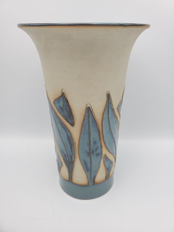 Blue Leaf Carved Studio Pottery Vase
