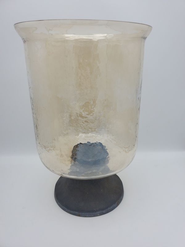 Amber Glass and Iron Pedestal Hurricane Vase