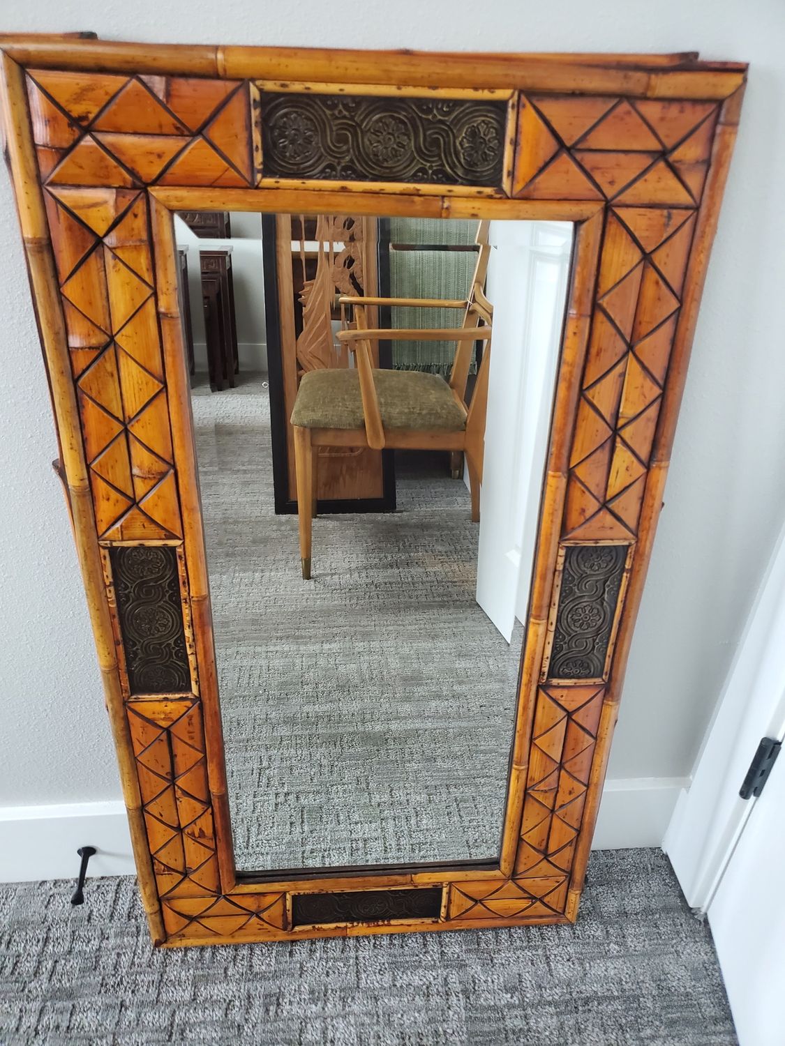 Floral &amp; Scroll Motif Vintage Bamboo Wall Mirror