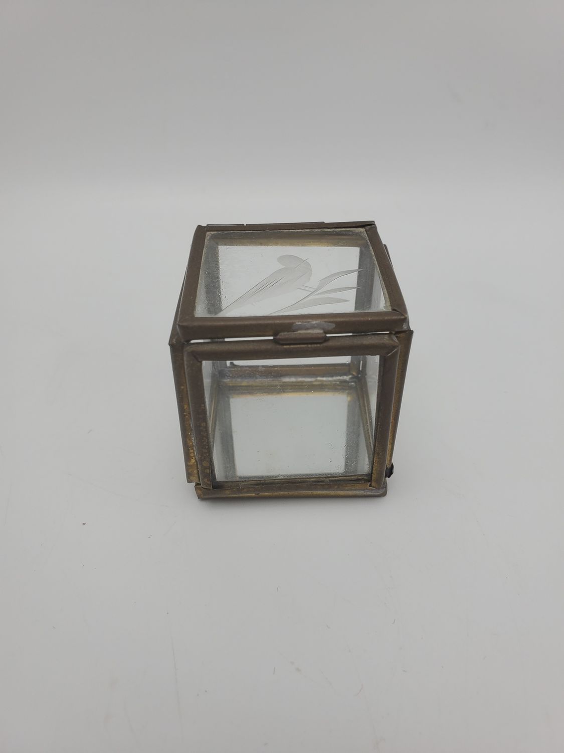 Vintage Etched Glass &amp; Brass Cube Trinket Box