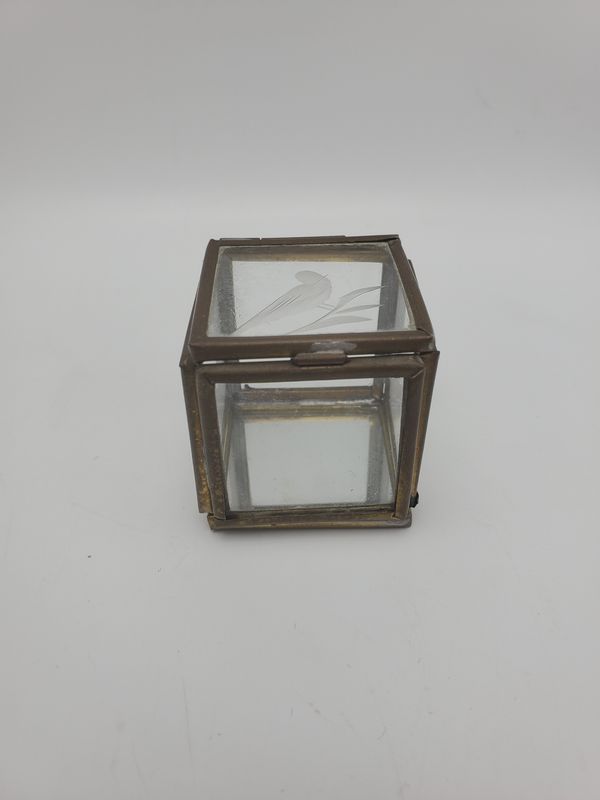 Vintage Etched Glass &amp; Brass Cube Trinket Box
