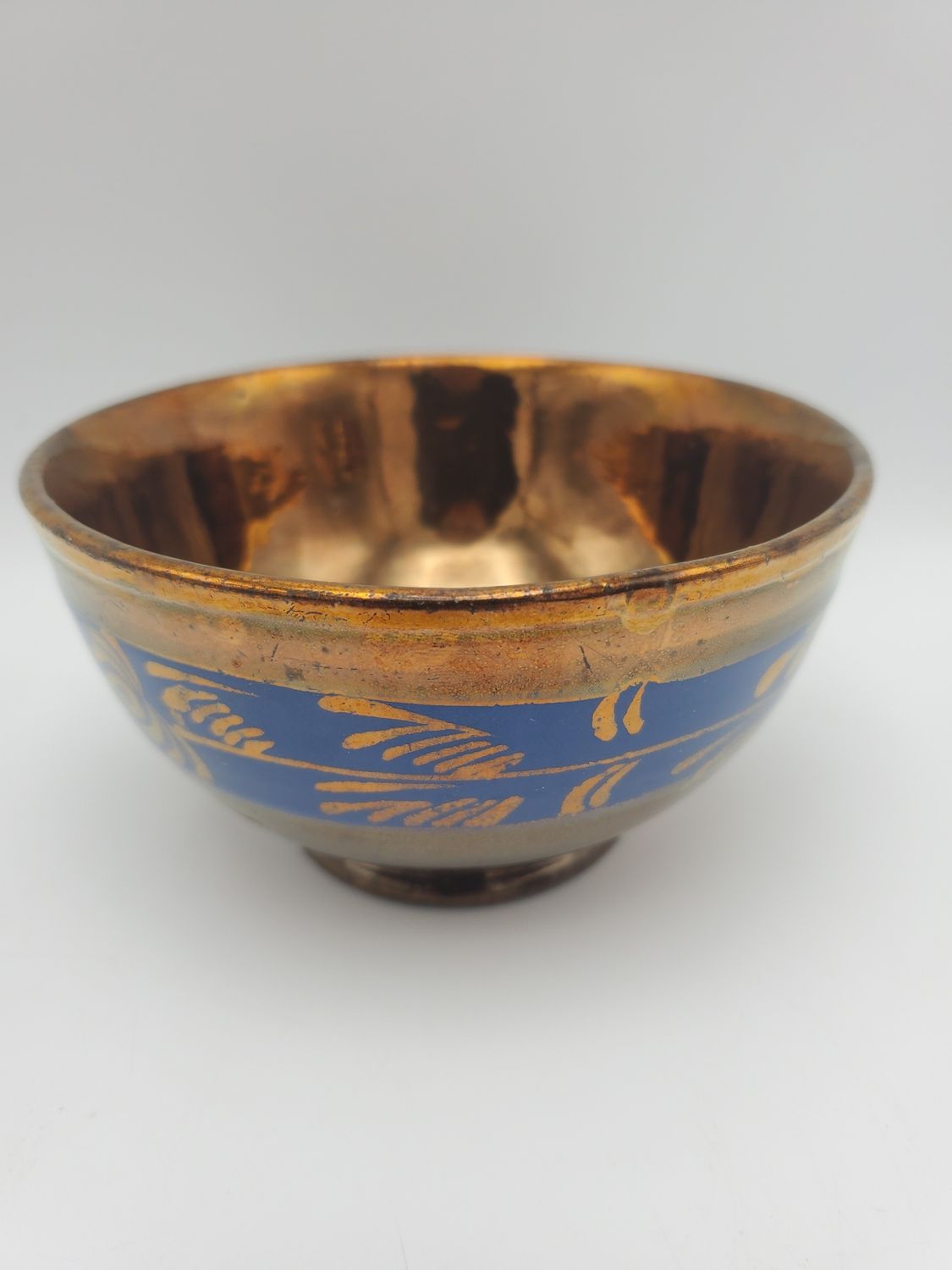 Copper blue leaf lusterware bowl