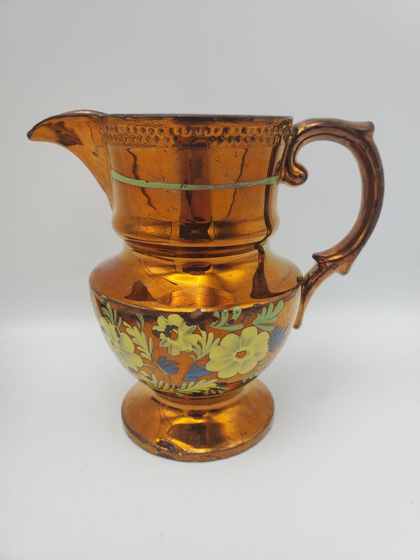 Copper lustre antique yellow floral pitcher