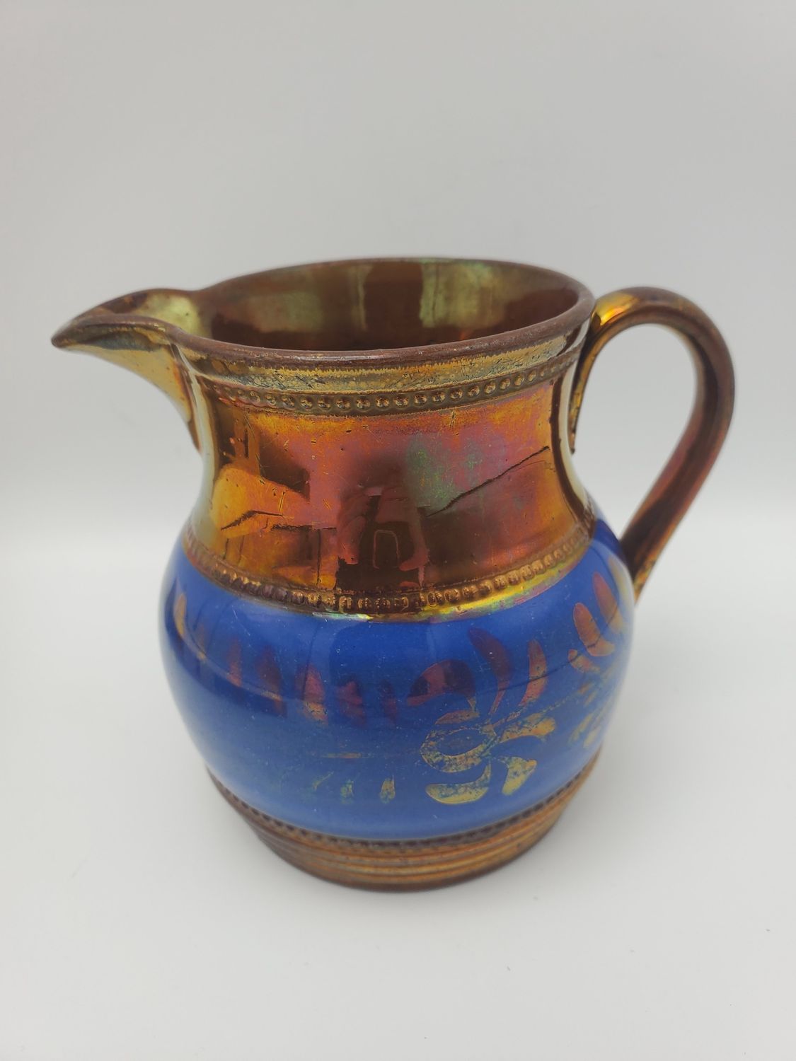 Cobalt Blue Band Antique Copper Lusterware Mini Pitcher