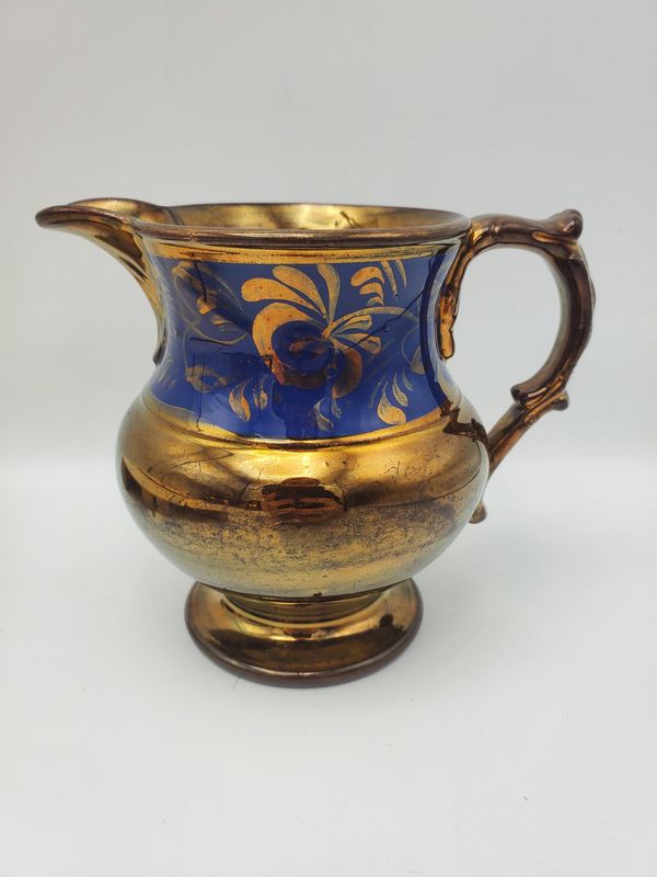 Copper Antique Victorian Lustre Cobalt Leaf Pitcher