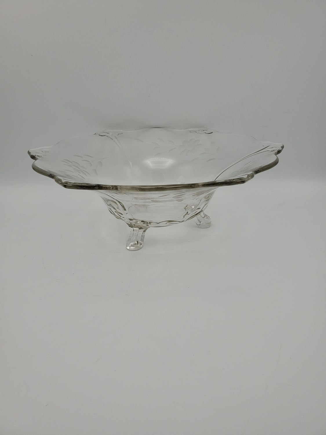 Clear Pressed Glass, Scalloped Rim, Vintage Etched Footed Console Bowl