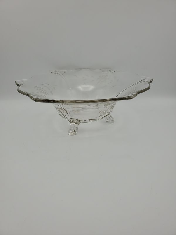 Clear Pressed Glass, Scalloped Rim, Vintage Etched Footed Console Bowl