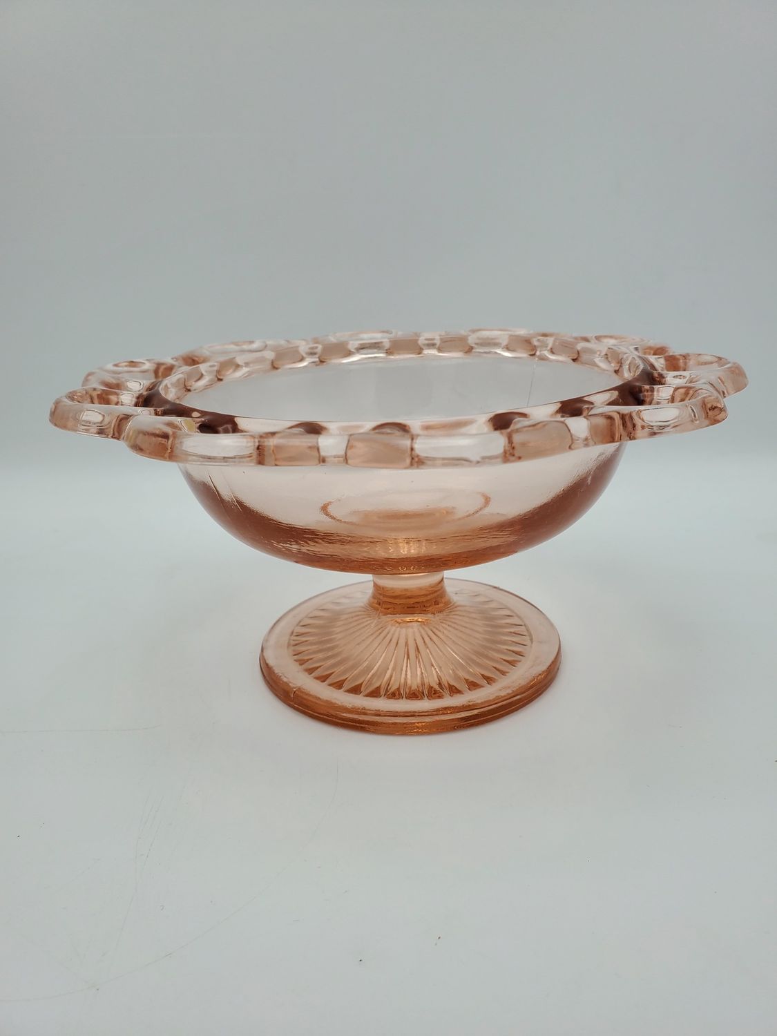 Anchor Hocking “Old Colony” Pink Depression Glass Lace-Edge Compote / Candy Dish