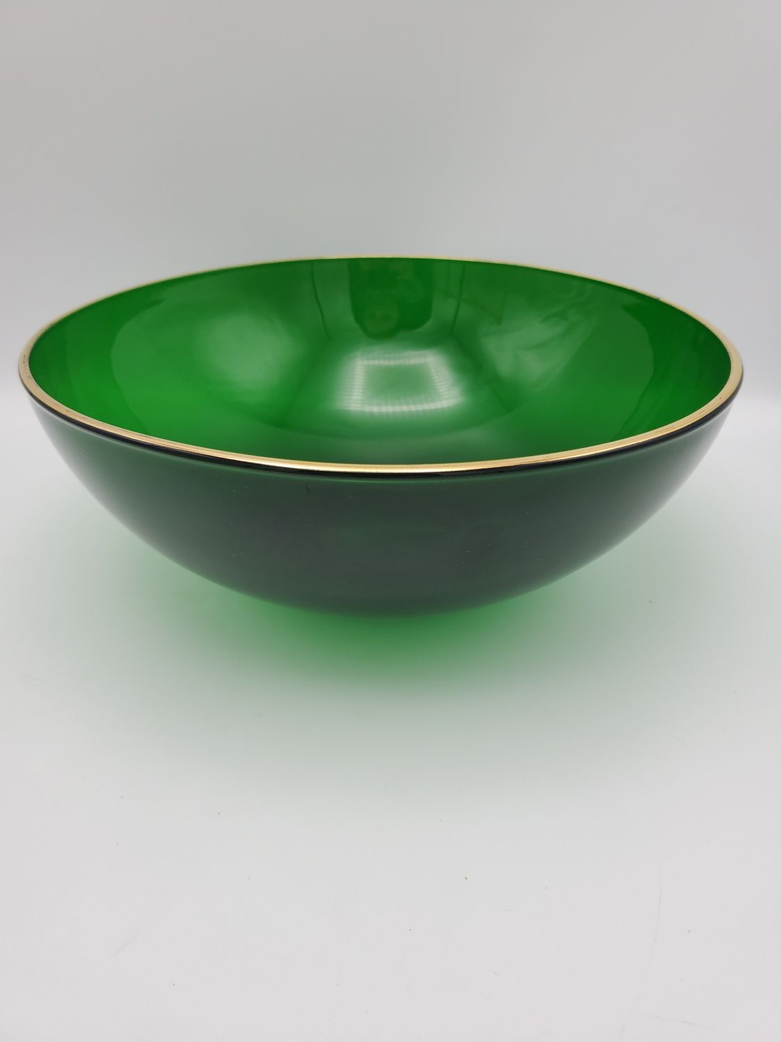 Green glass bowl, gold trim