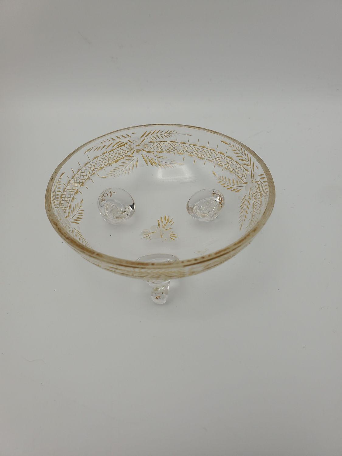 3-footed gold etching vintage glass bowl