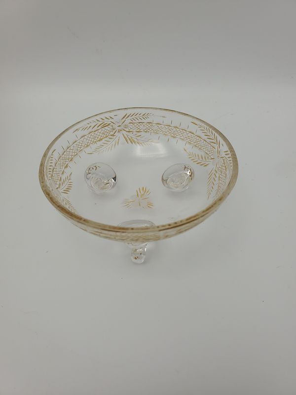 3-footed gold etching vintage glass bowl