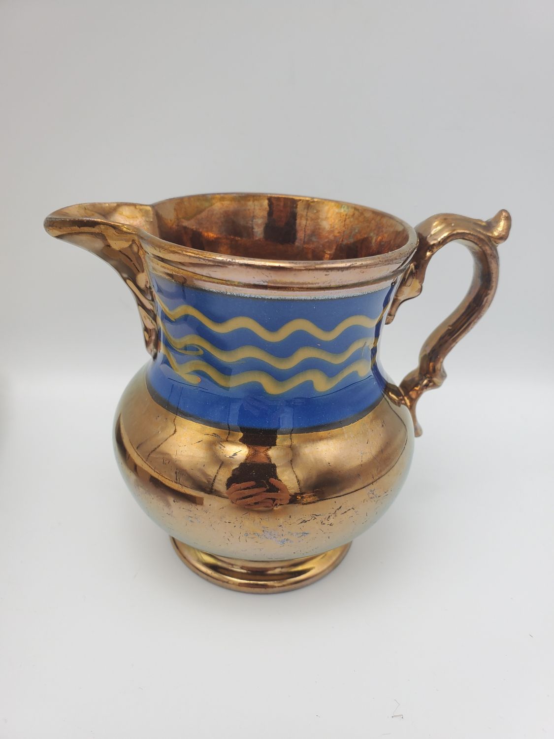 Wavy Blue Band Antique Copper Lusterware Pitcher