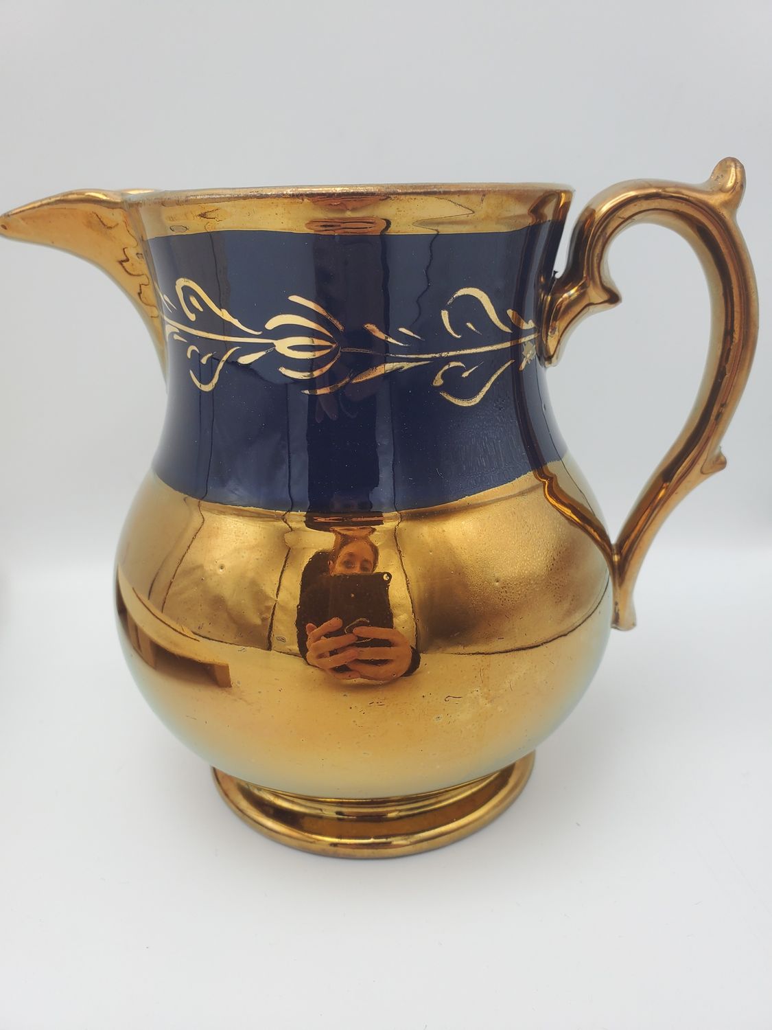 Cobalt Flower Band Antique Copper Lusterware Pitcher