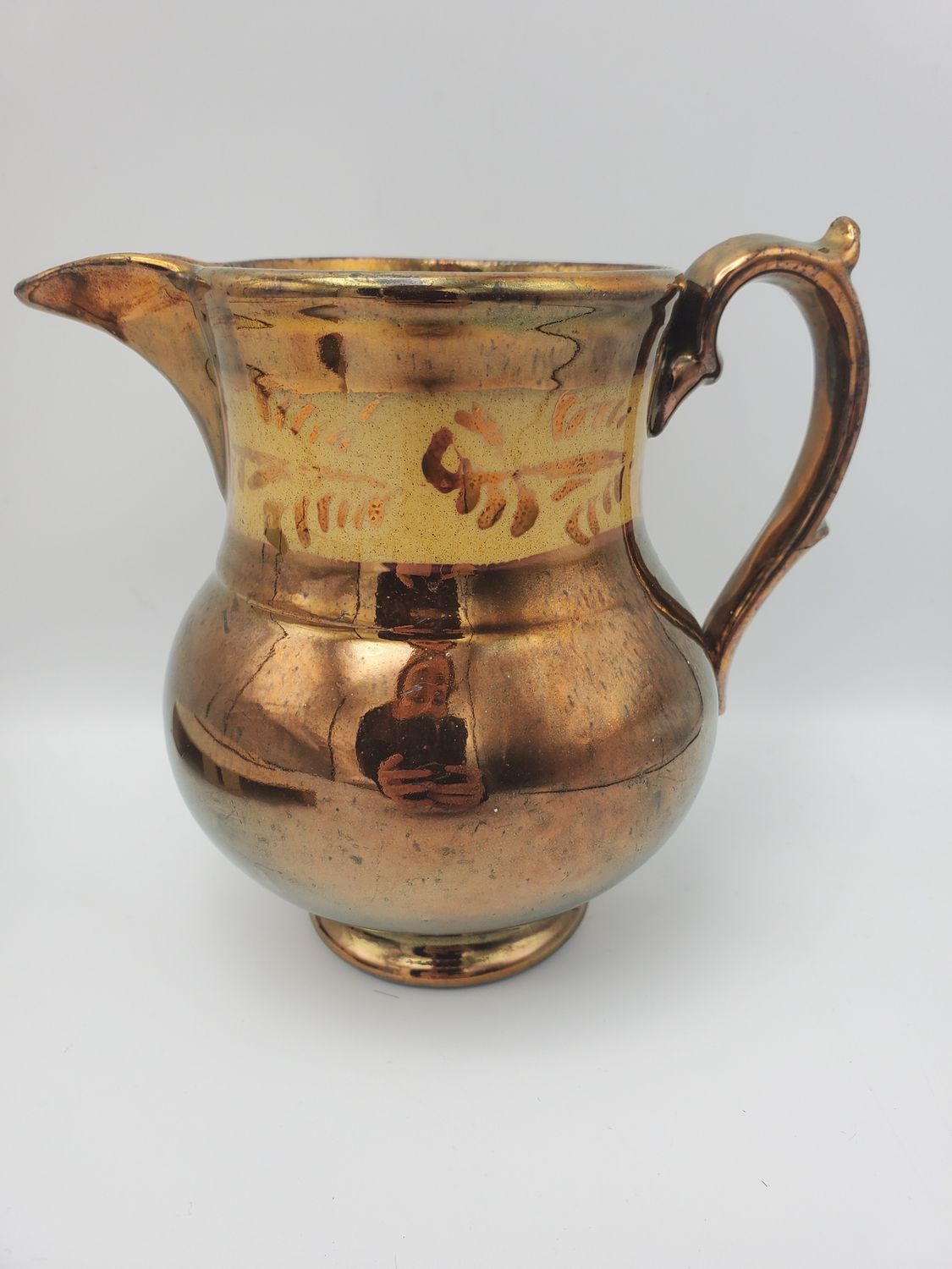 Antique Tan Flower Copper Lustreware Pitcher