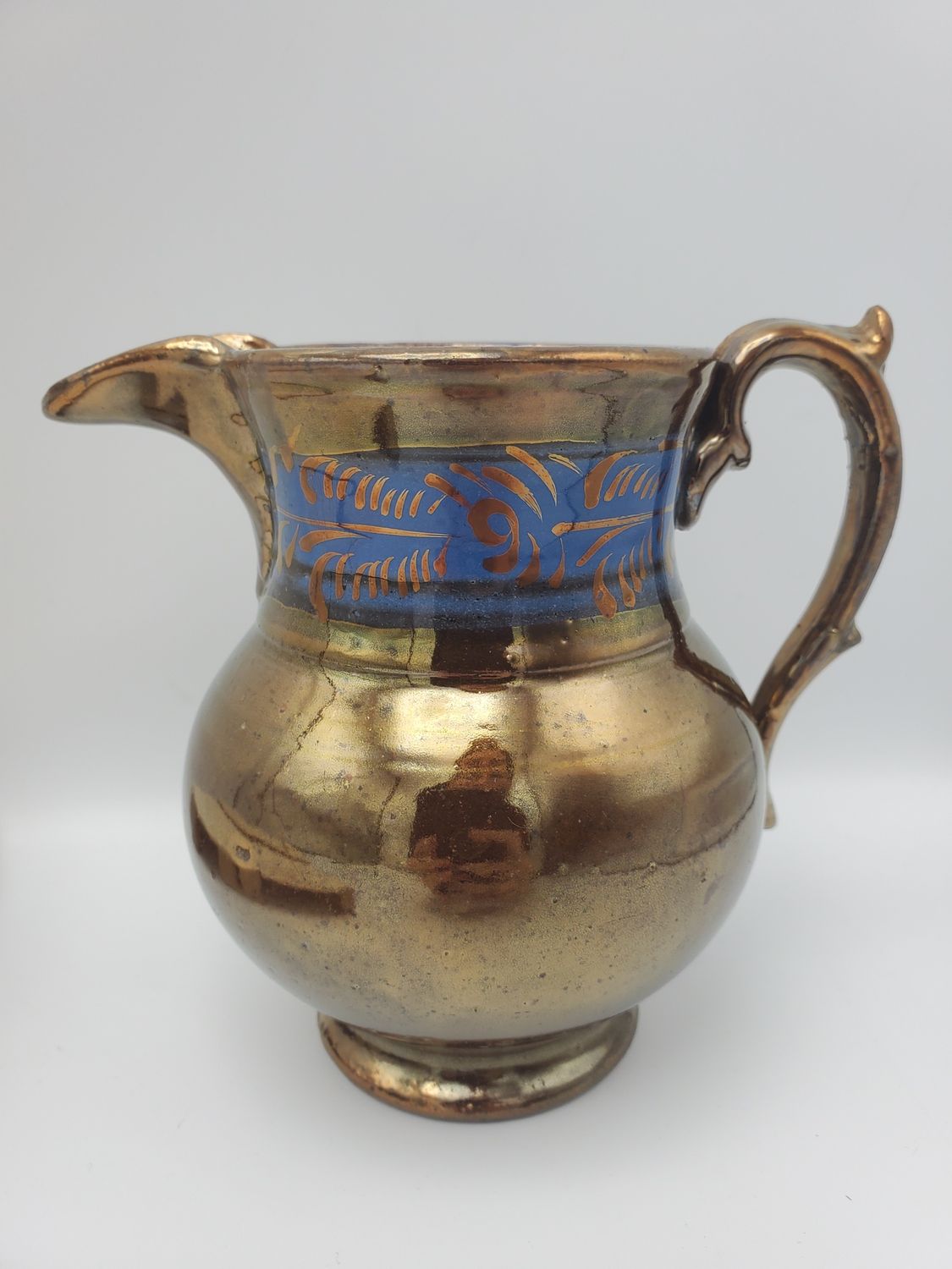 Victorian Copper Lusterware Cobalt Blue Fern Band Pitcher