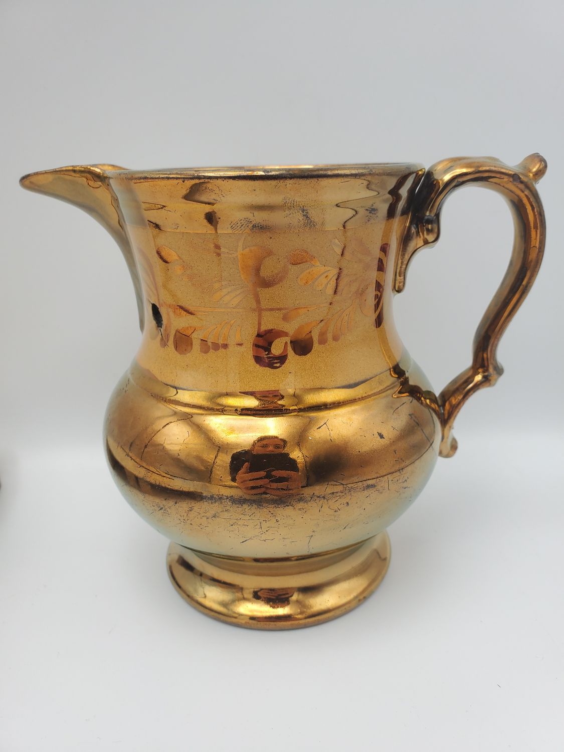 Hand-Painted Tan Floral Scrolls Victorian Copper Lusterware Creamer