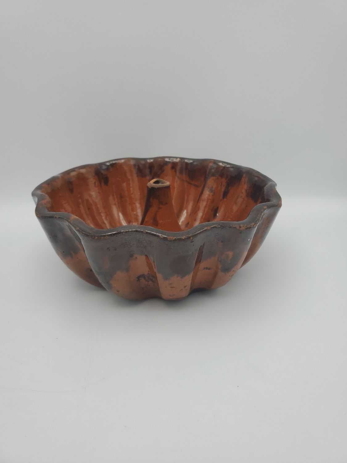 Redware Vintage Fluted Gugelhupf Cake Mold w/ Central Chimney