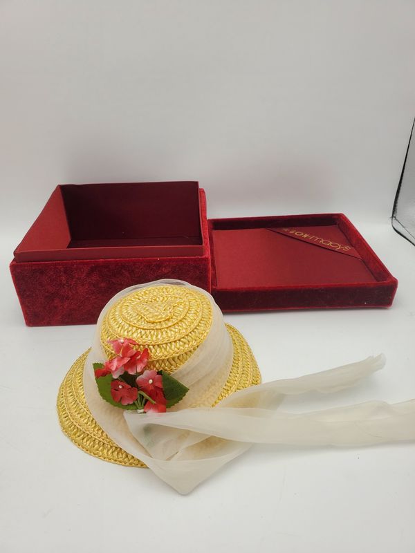 Yellow Straw Vintage Doll Hat with Red Flowers &amp; Sheer Ribbon – Macy’s Hat Box