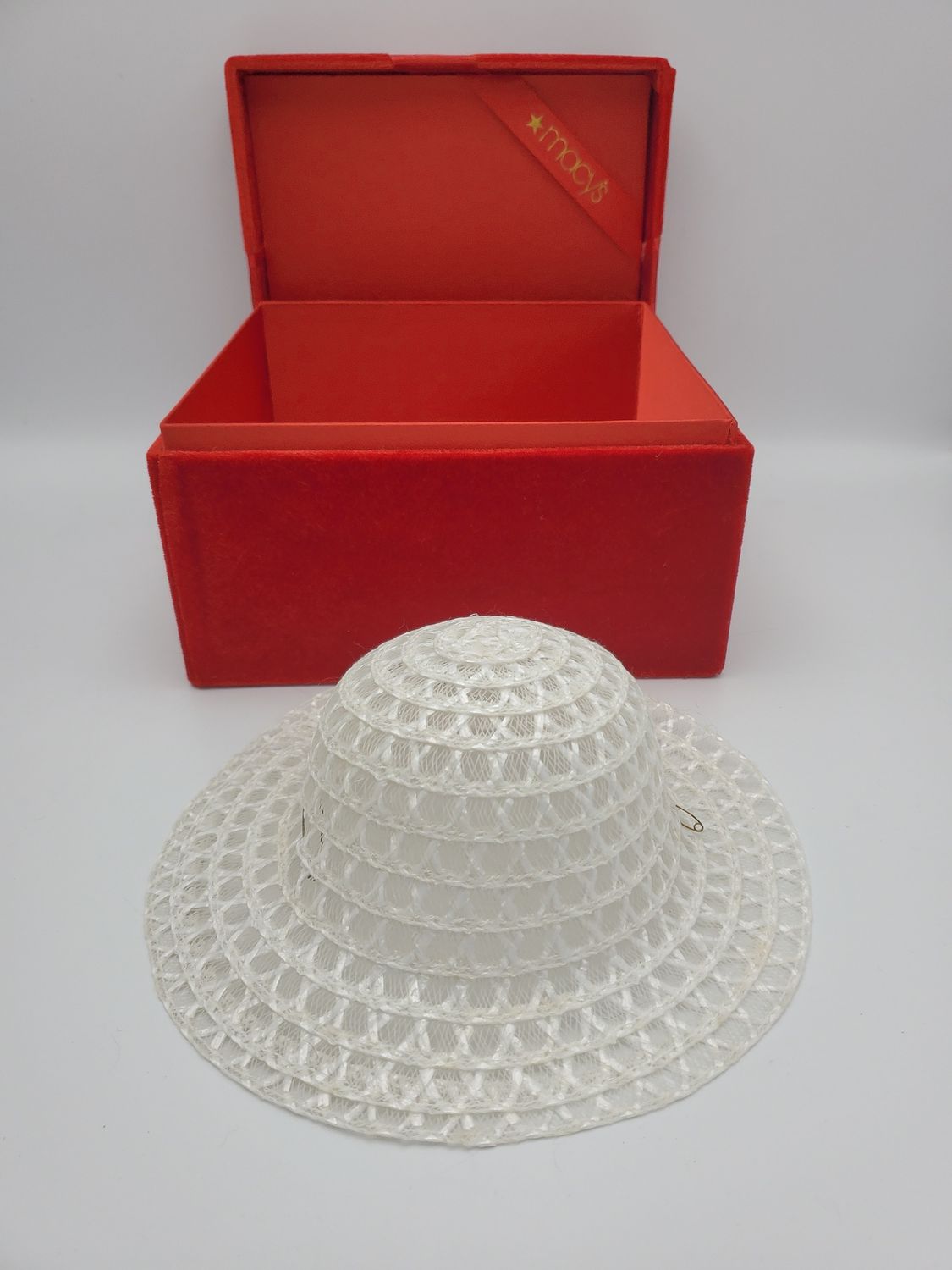 White Vintage Straw Doll Hat with Box