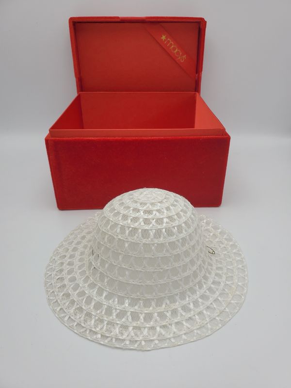 White Vintage Straw Doll Hat with Box