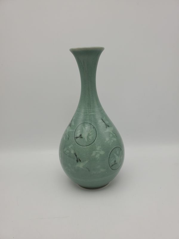 Signed Celadon Glazed Vase with Cranes and Clouds