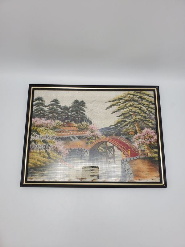 Hand-Embroidered Vintage Japanese Bridge Landscape