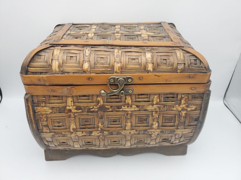 Vintage Woven Bamboo &amp; Wood Dome-Top Chest