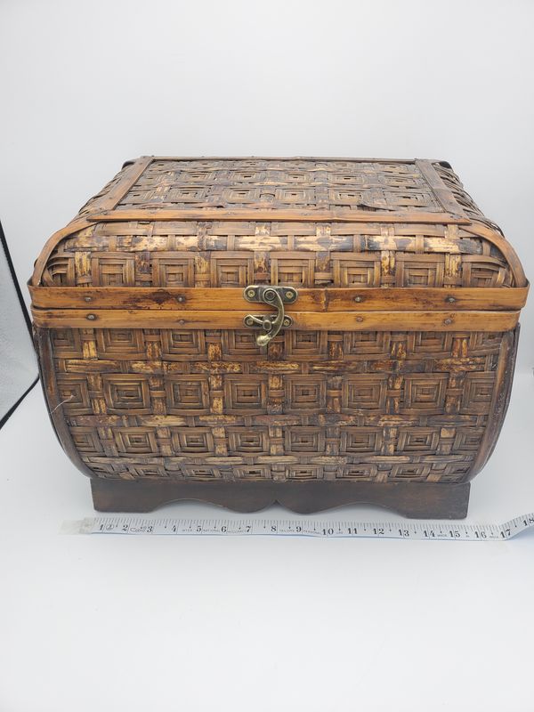 Large Vintage Woven Bamboo &amp; Wood Storage Chest