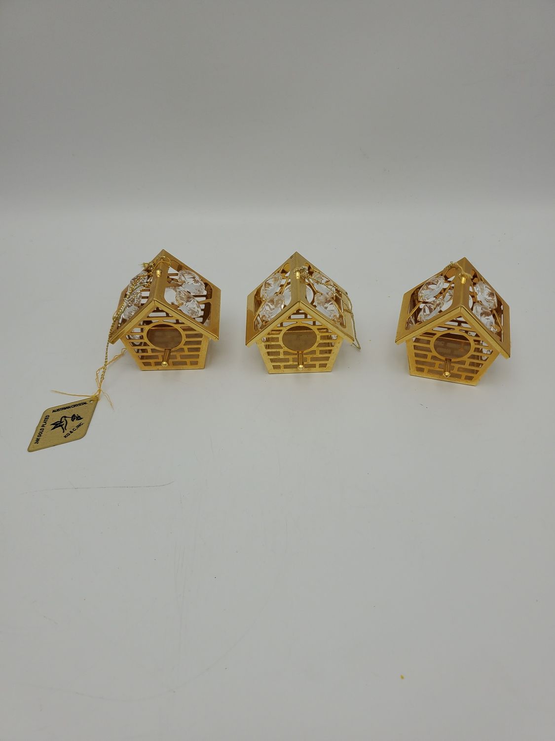 Gold Plated Set of 3 Birdhouse Ornaments