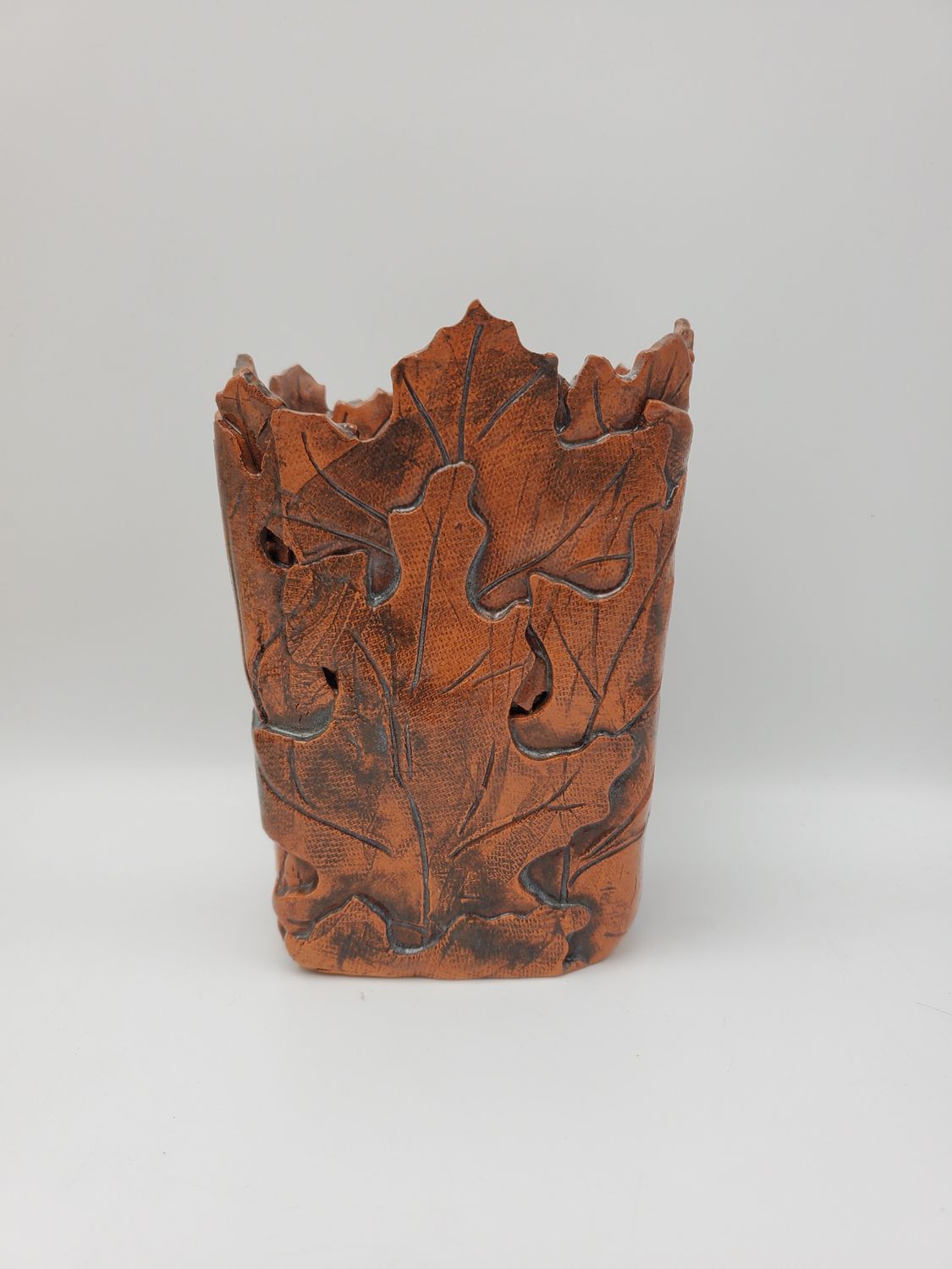 Handcrafted Signed Pottery Leaf Motif Vase
