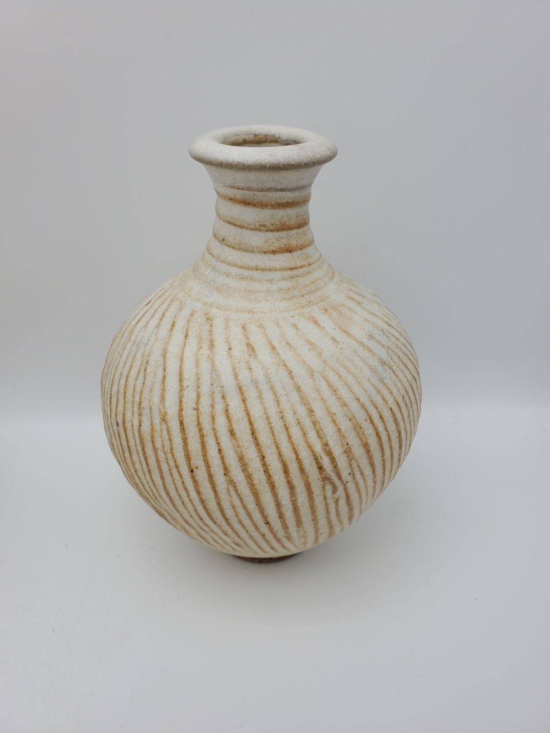 Cream &amp; Rust Ribbed Signed Vase