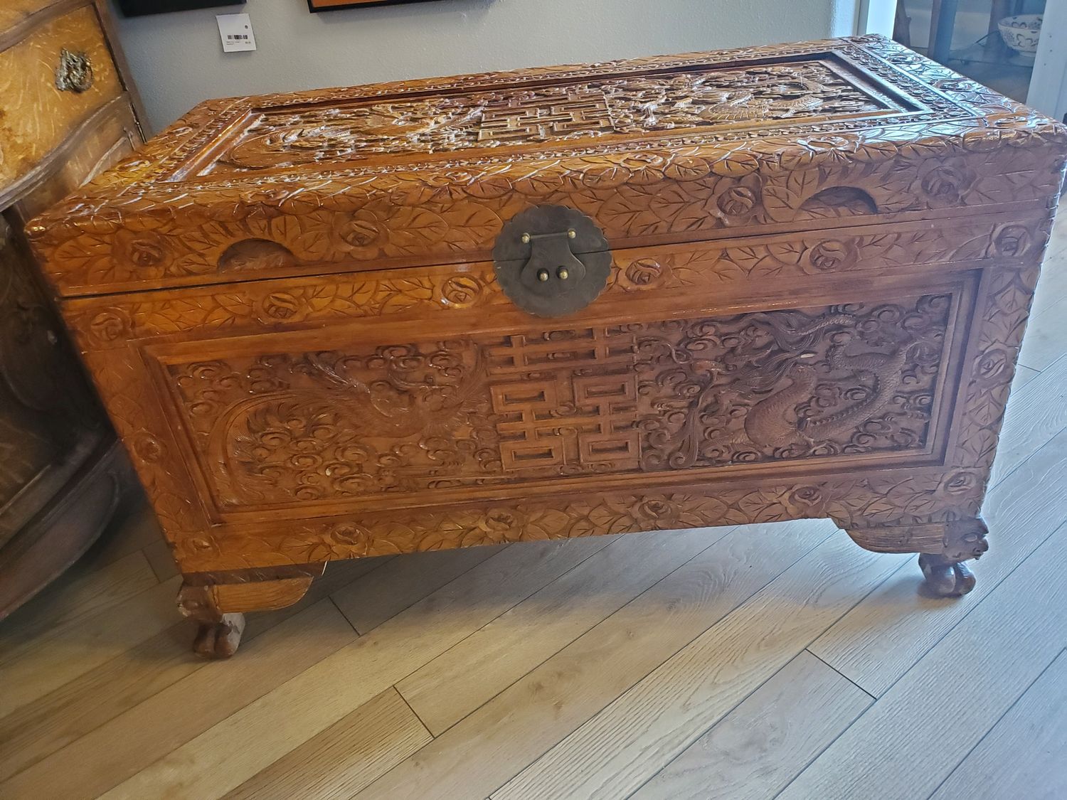 Phoenix Dragon Carved Wood Chest