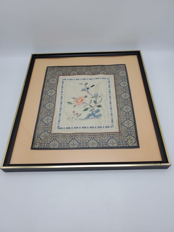 Bird Embroidered Silk Framed