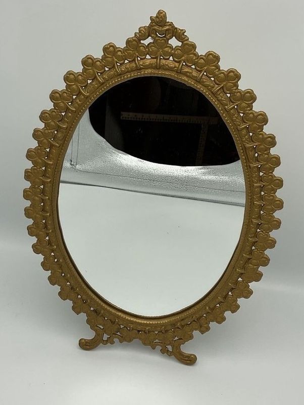 Vintage Gold Gilt Shamrock Oval Standing Mirror