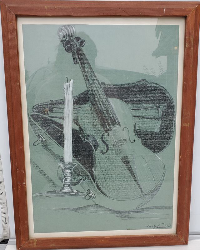Violin Signed Framed Drawing