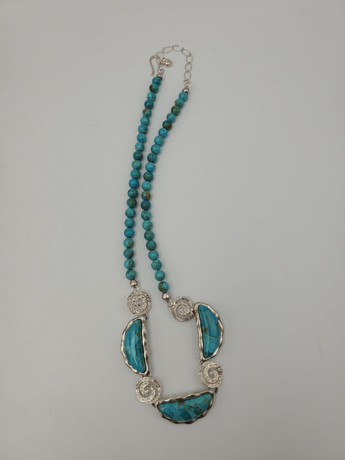 3 Stone Turquoise Pendant Silver Swirl Necklace