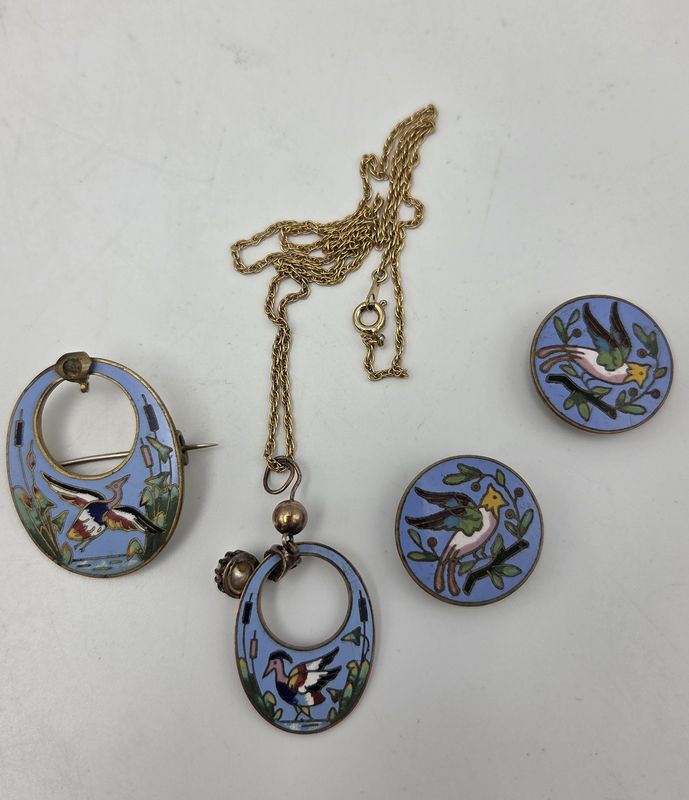 Guilloché Enamel Bird Vint. Jewelry Set