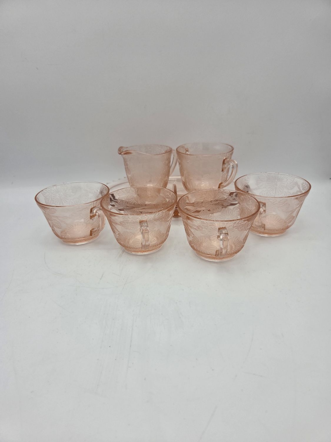 Vntg Pink Depr Glass Cups &amp; Tray Set