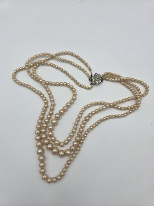 Sterling Silver Clasp 3-Strand Faux Pearl Necklace