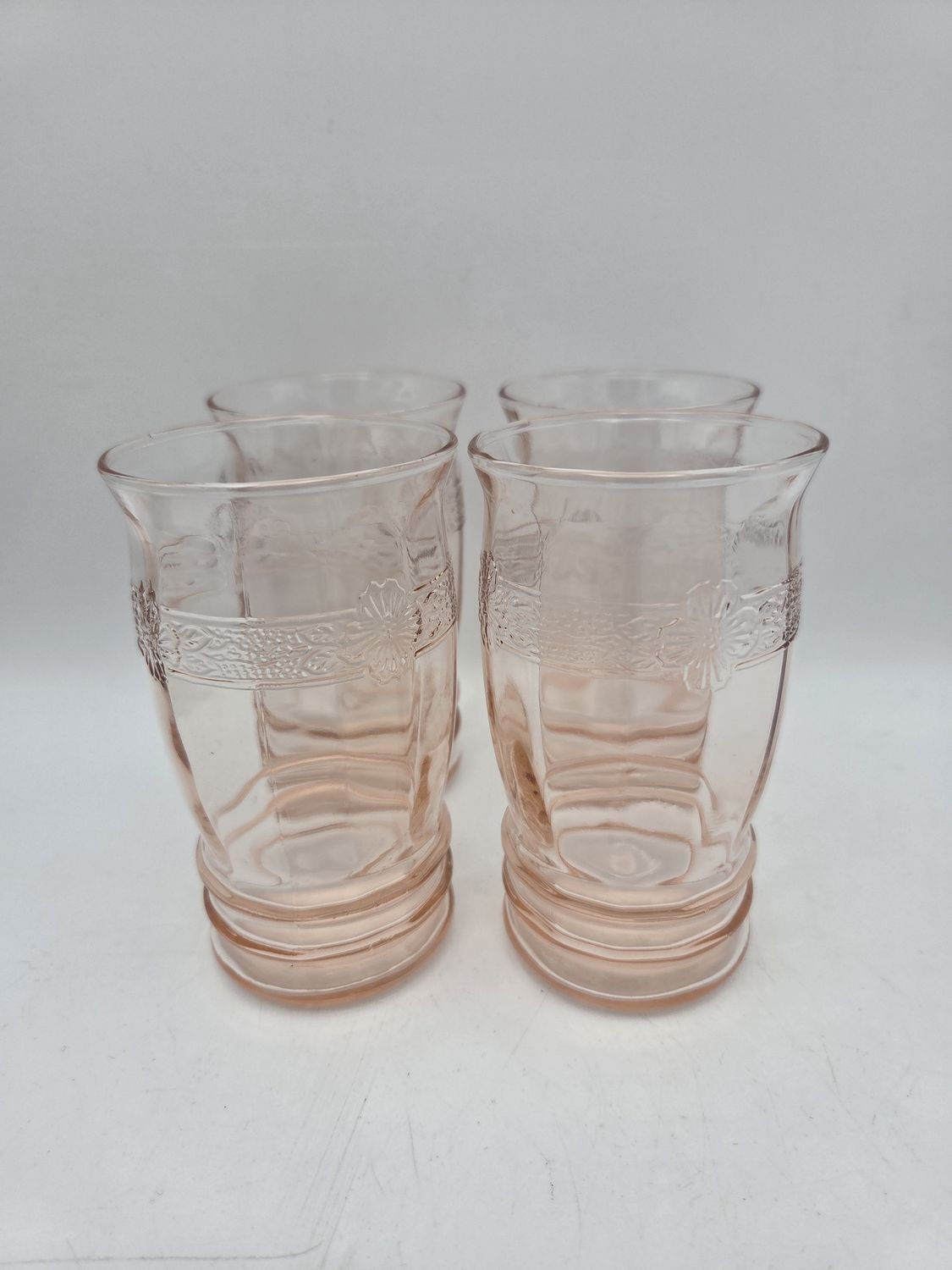 Vintage Pink Depression Glass Floral Band Tumblers – Set of 4