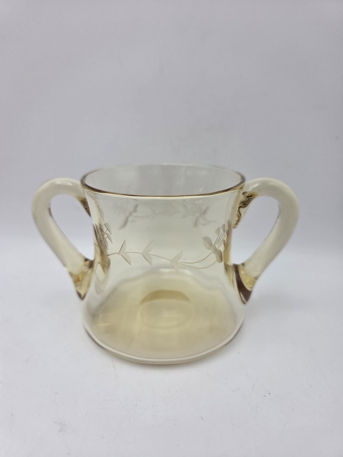 Vintage Etched Amber Double-Handled Glass Cup