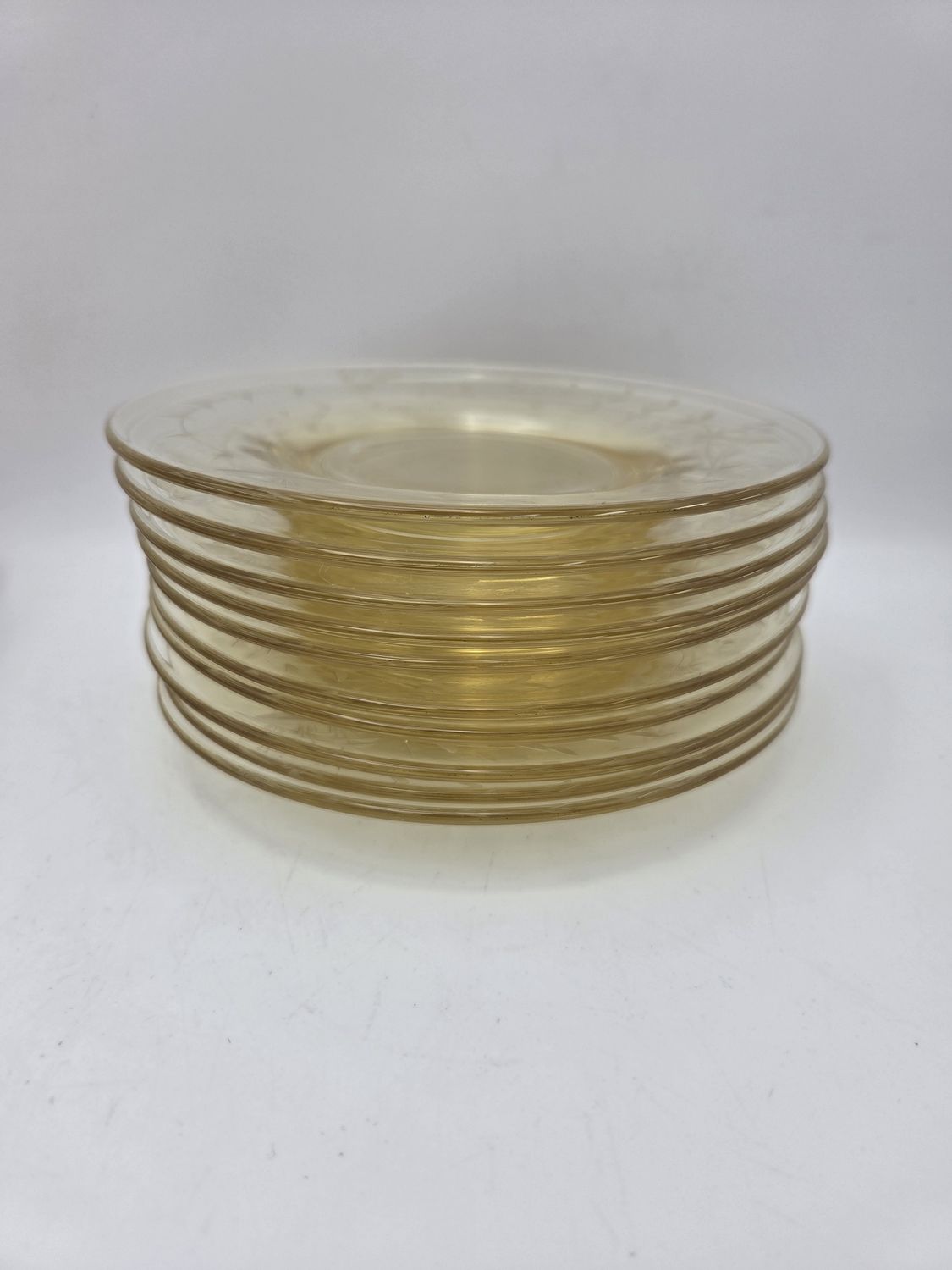 Set of 10 Vintage Etched Yellow Glass Saucers / Bread &amp; Butter Plates – 6"