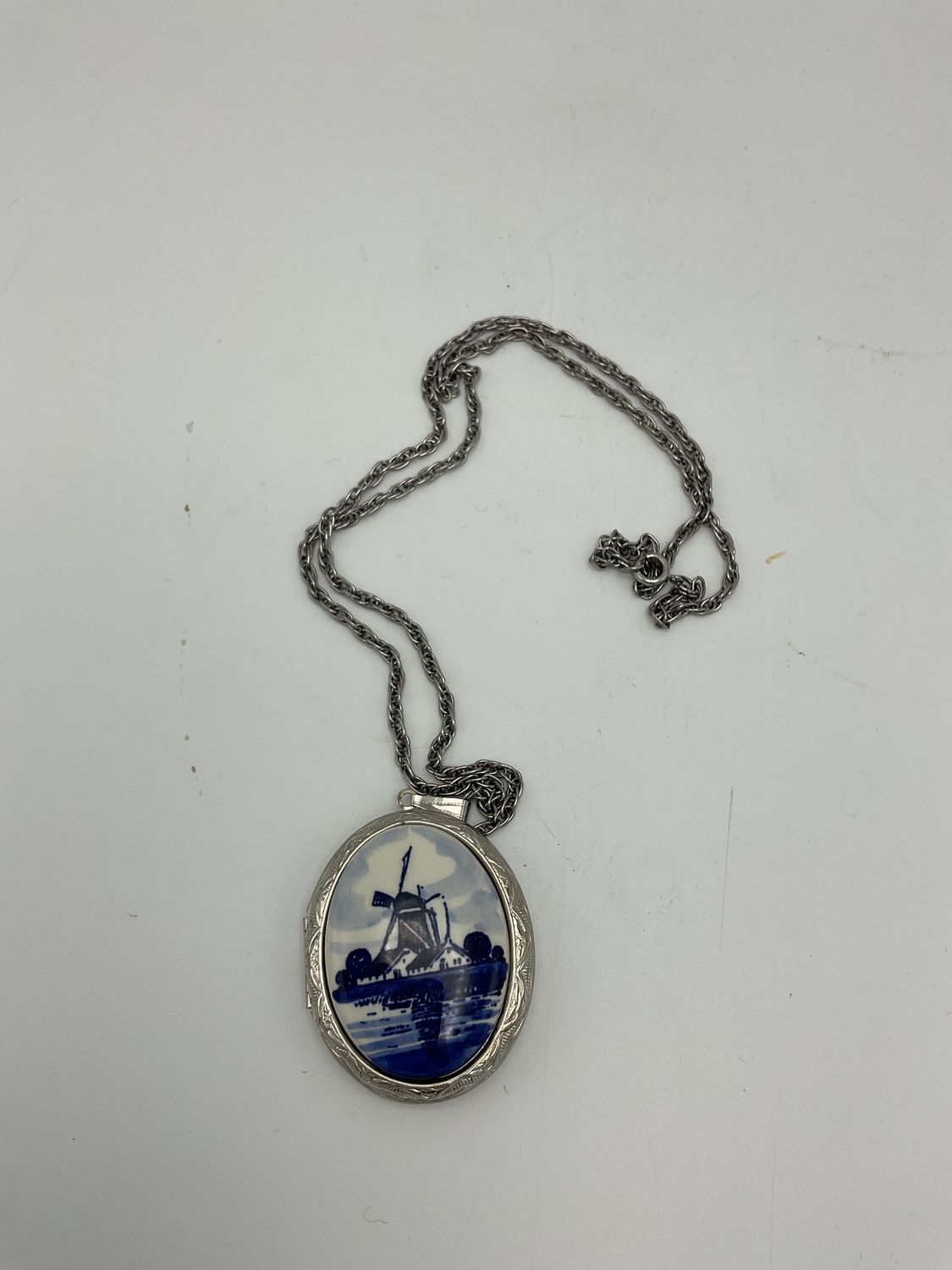 Delft Blue Windmill Vintage Porcelain Locket Necklace