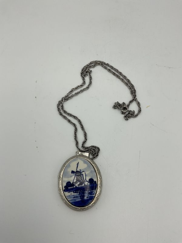 Delft Blue Windmill Vintage Porcelain Locket Necklace