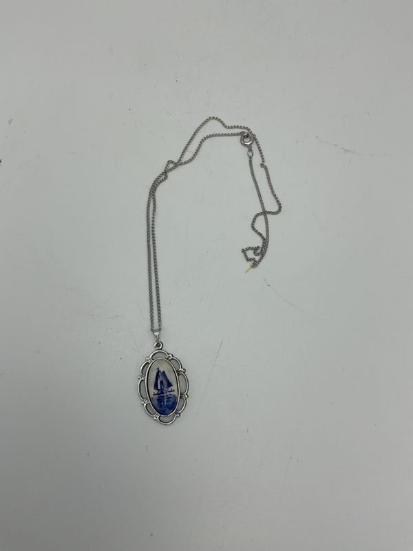 Delft-Style Porcelain Vintage Pendant Necklace Windmill Scene