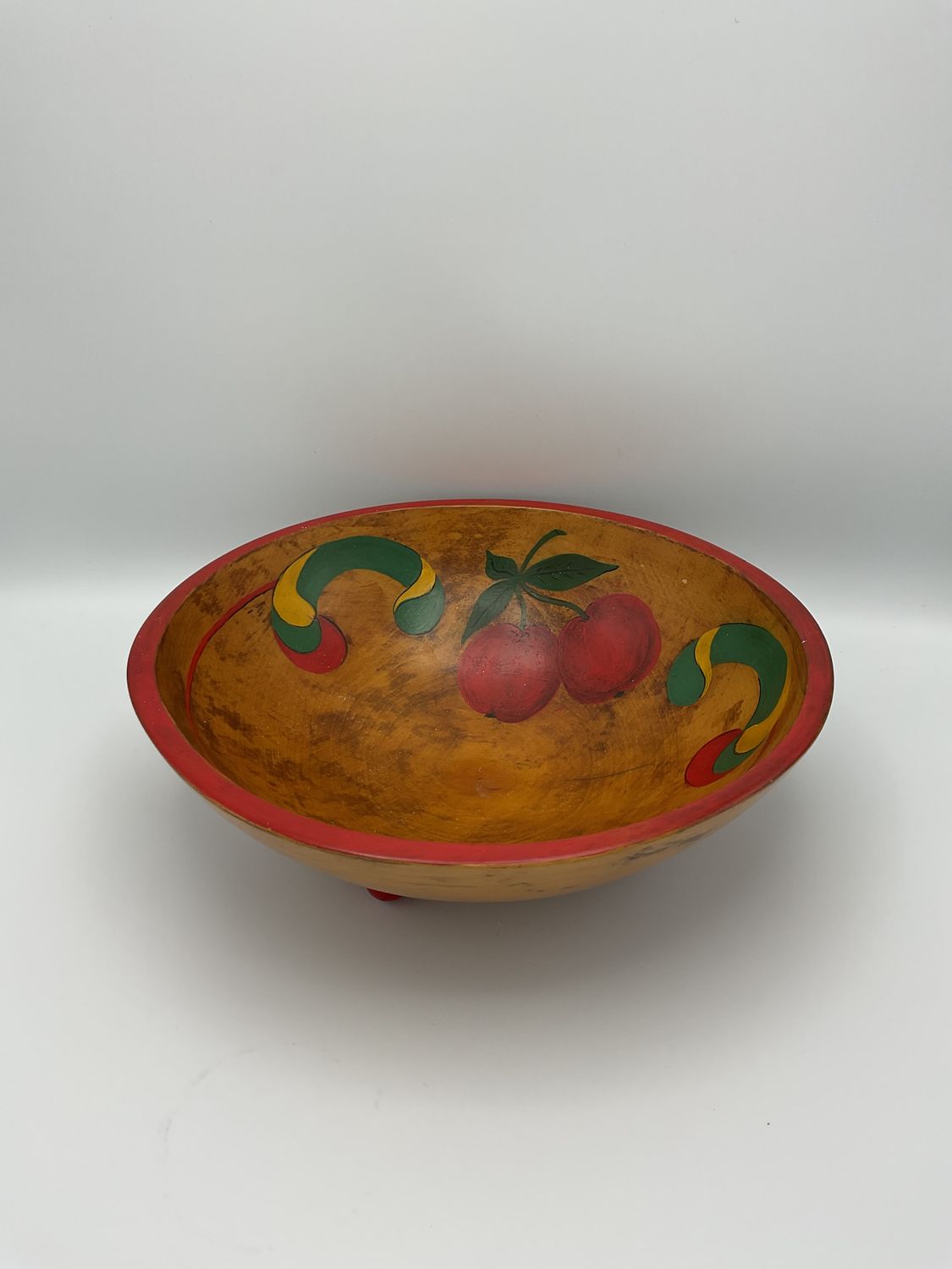 Hand-Painted Cherries Vintage Wooden Footed Bowl