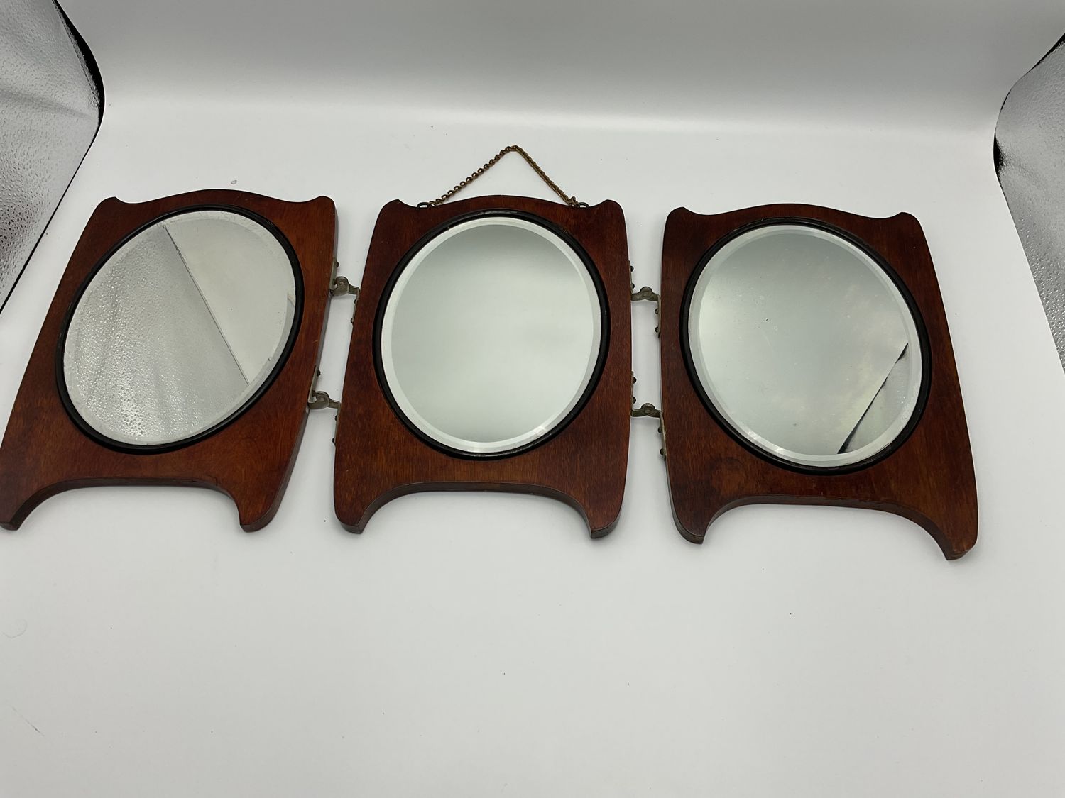 Tri-Fold Wood Framed Vintage Mirror