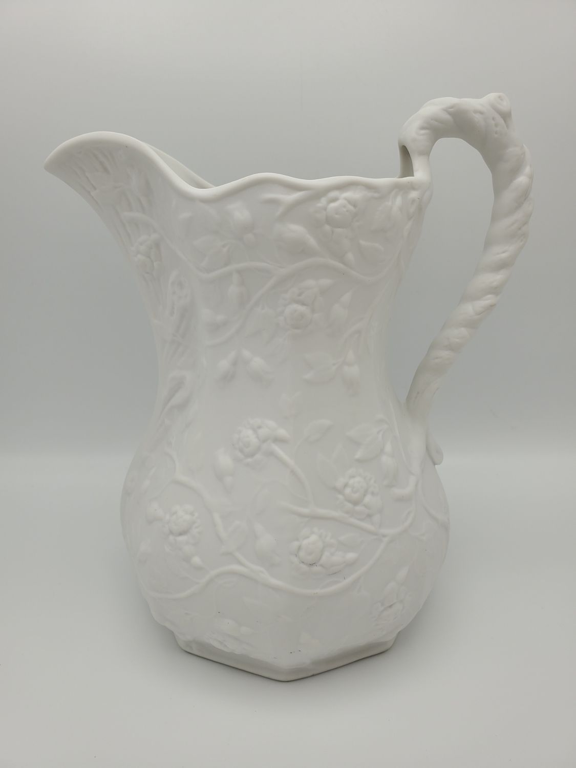White Embossed Floral Relief Porcelain Pitcher